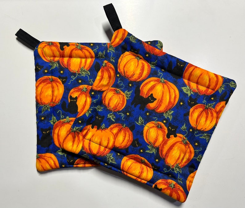 Black Cats & Pumpkins Pot Holders Set of 2 Handmade Quilted Halloween Potholders Hot Pads Witchy Cats Halloween Decor Whimsicalli USA image 1