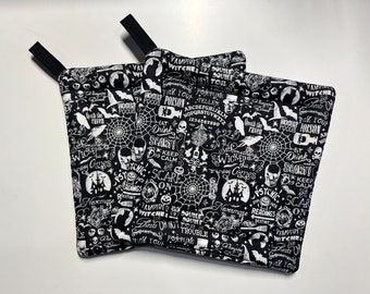 Halloween Phrases Pot Holders • Black & White Halloween Decor • Whimsigothic Witchcore Dark Academia Hocus Pocus Ouija Ravens • Whimsicalli