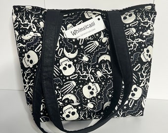 Glow in the Dark Skull Shoulder Bag Purse Handbag  • Padded Tote Bag with Inside & outside Pockets • Handmade in Oregon USA by Whimsicalli