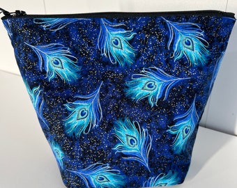 Mystical Peacock Feathers with gold flakes fabric Zipper Pouch • Art School Supply Project Cosmetic Toiletry Makeup Bag • Whimsicalli USA