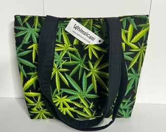 Black & Green Cannabis Shoulder Bag Purse Handbag  • Padded Tote Bag with Inside and outside Pockets • Handmade in Oregon USA by Whimsicalli