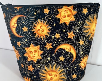 Beautiful Black Celestial Sun Moon Stars lined Zipper Pouch • Unisex Cosmetic Toiletry Makeup Bag • School Art Supplies Bag Whimsicalli USA