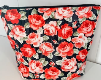 Red Roses on Black Floral Zipper Pouch • Art School Supply Craft Project Cosmetic Toiletry Makeup Bag Zipper Pouch • Whimsicalli US handmade