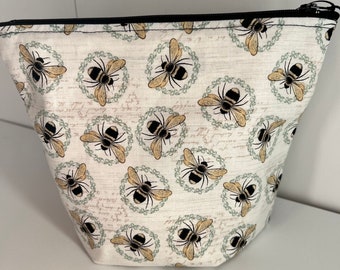 Bumble Bee Floral Fabric Zipper Pouch • Art School Supply Craft Project Cosmetic Toiletry Makeup Bag Zipper Pouch • Whimsicalli handmade USA
