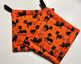 Black Cat Pot Holders • Handmade Retro Style Orange & Black Halloween Decorations • Witchcore Whimsigothic set of 2 Potholders • Whimsicalli