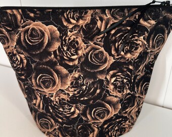 Moody Dark Brown Black Roses Floral Zipper Pouch • Art School Supply Craft Project Cosmetic Toiletry Makeup Bag Zipper Pouch • Whimsicalli