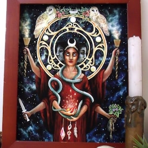 Hekate 8.5x11&quot; Giclee Art Print, Owls, Key, Torches, Witch Goddess Hecate