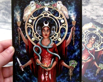 5x7" Hekate Art Print, Owls, Serpent, Key, Torches, Goddess Hecate