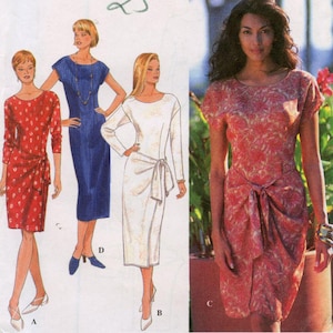 May include: Simplicity sewing pattern 9497 for size P (12, 14, 16) featuring illustrations of three dress variations: a red patterned dress, a blue dress, and a white dress, alongside a photograph of the red patterned dress.