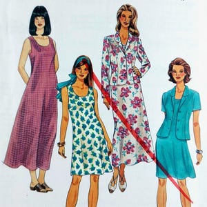 May include: A McCall's 8651 sewing pattern envelope featuring illustrations of four outfits: a long purple plaid dress, a short blue and white floral dress, a long white floral skirt and jacket set, and a solid teal skirt and jacket set.