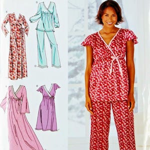 May include: Simplicity sewing pattern 0542 for easy-to-sew at home loungewear. The package displays illustrations and a photograph of a wrap-style top and pants set with a floral print, alongside variations of robes and dresses in solid colors.