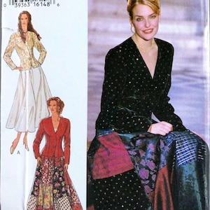 May include: A sewing pattern envelope labeled Style 2543, size A 8-18. The front displays illustrations of a two-piece outfit with a jacket and skirt. One version features a gold jacket and white skirt, the other a red jacket and a multi-patterned skirt.