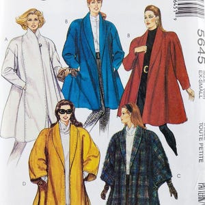 May include: A McCall's 5645 sewing pattern envelope for a coat in size EX-SMALL. The front features illustrations of five variations of the coat in white, blue, red, yellow, and a dark plaid pattern, with text including the brand name and size.