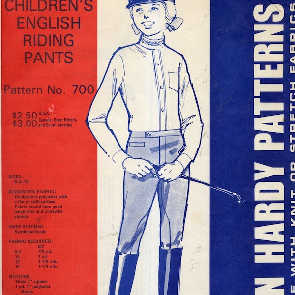 Uncut 1970s Jean Hardy Patterns 700 Childrens English Riding Pants Size 6 To 14 Waist 22 To 26.5 Vintage Sewing Pattern