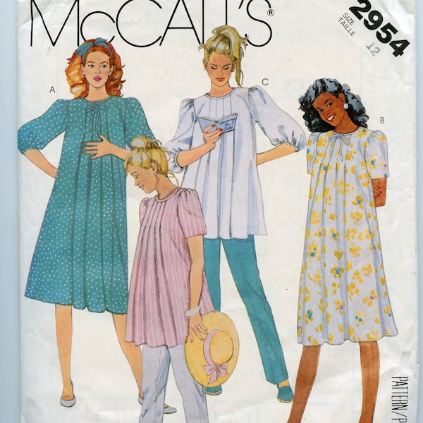 Robe de maternité McCalls 2954 non coupée des années 1980 ou haut avec plis avant et options de manches et pantalons taille 12 buste 34 motif vintage