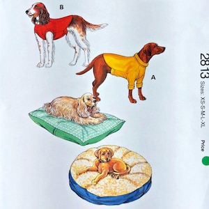 May include: Kwik Sew pattern 2813 for dog clothing and beds. The envelope features illustrations of dogs wearing red and yellow sweaters, a dog on a green plaid rectangular pillow, and a dog on a round blue and cream plush pet bed.