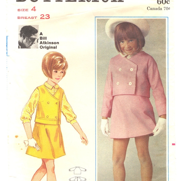 1960s Butterick 3844 Girls Double-Breasted Jacket Or Vest, A-Line Skirt And Blouse - Bill Atkinson Original - Size 4 Child - Vintage Pattern