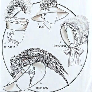 May include: A Butterick B4697 sewing pattern envelope featuring black and white line drawings of four historical hat styles labeled A 1910-1915, B 1820-1830, C 1920's, and D 1890-1900. The package includes a barcode, text, and Making History branding.