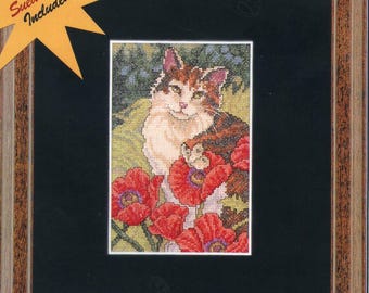 Elsa Williams Signature 01612 Poppy Cat Cross Stitch Sealed Kit With Suede Mat