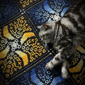 Puede incluir: Un gato atigrado gris y negro descansa sobre una manta con un patrón geométrico colorido. La manta presenta un diseño repetitivo en tonos de amarillo, azul y negro. El pelaje del gato complementa los colores de la manta.