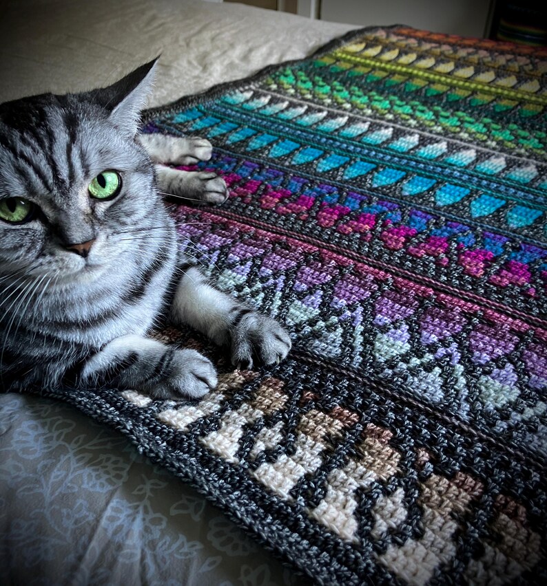 Op de afbeelding: Een kleurrijke, handgehaakte deken met een gestreept ontwerp in tinten blauw, paars, groen en bruin. De deken heeft geometrische patronen en wordt op een bed getoond. Een grijze tabbykat met groene ogen ligt op de deken.