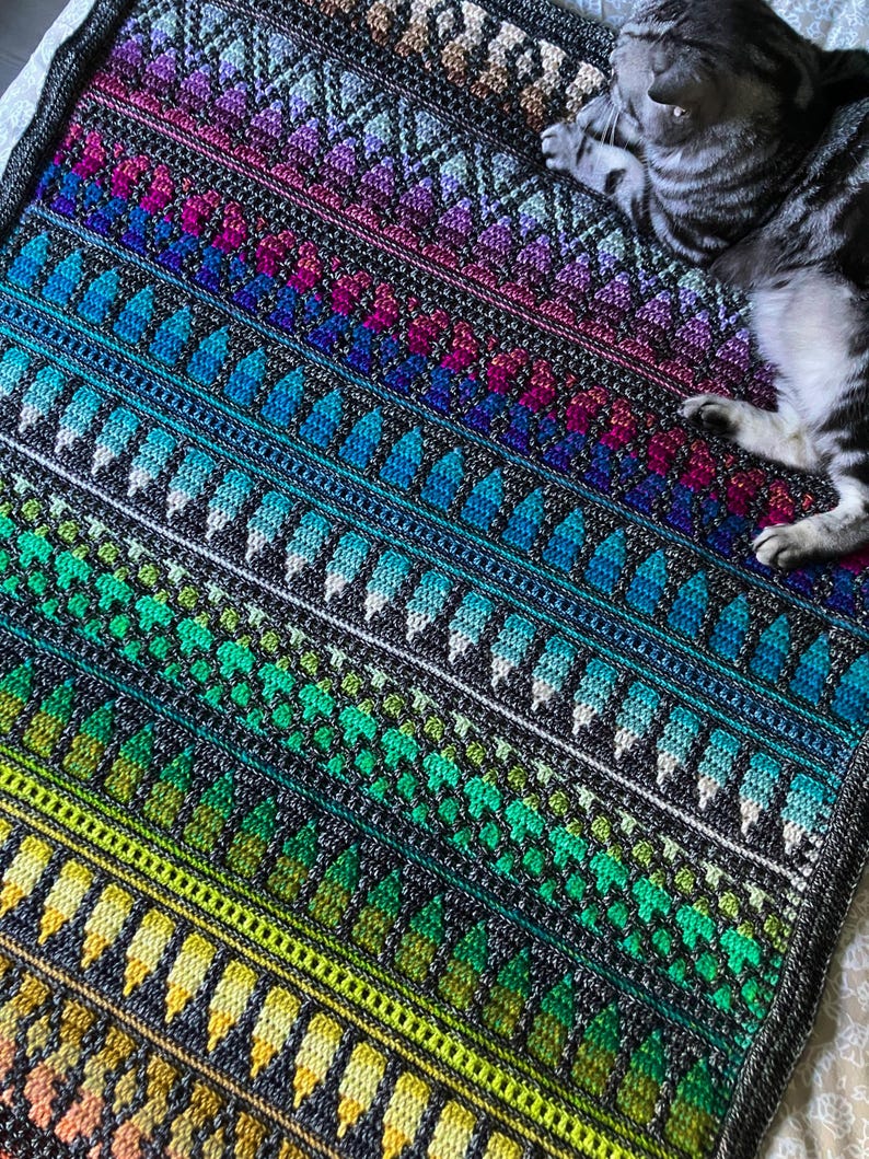 Op de afbeelding: Een kleurrijke, gebreide deken met een kleurengradatie van geel naar paars. De deken heeft geometrische en bladachtige patronen in verschillende tinten groen, blauw, roze en paars. Een grijs-zwarte gestreepte kat rust op de deken.