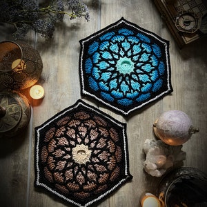 May include: Two crocheted hexagonal coasters with intricate geometric patterns. One coaster is blue and white, the other is brown and white.