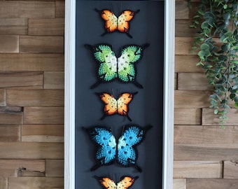 May include: A white frame with a black background displays five crocheted butterflies in a vertical row. The butterflies are in shades of orange, green, blue, and yellow.