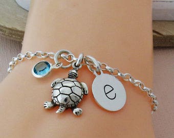 Sterling Silver Turtle Bracelet, Turtle Jewelry, Tortoise Charm Bracelet, Personalised Turtle Initial Bracelet, Sea Jewellery
