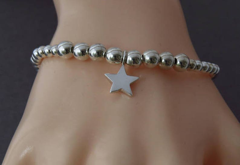 Stretch Silver Charm Bracelet Stacking Bracelet Star Charm Bracelet Sterling Silver Bead Bracelet Gift for women Silver Gift for Her