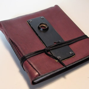Leather Bound Journal, Handmade Artist Journal, Photo Album, Wedding Guest Book, Sketchbook, Antique Doorplate 7&quot; x 7&quot;,