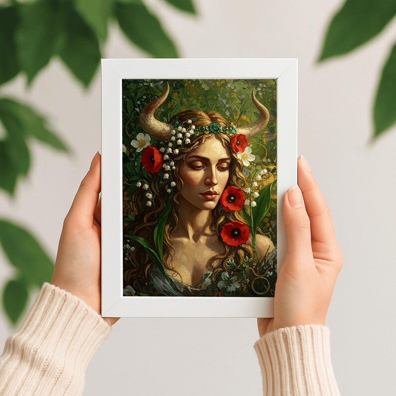 Taurus Goddess Art Print | Emerald, Poppy, Earth Tones (digital ...