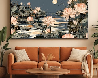 Panoramic Japandi Water Lily Flower Canvas Art Moody Zen Moonlit Pond Above Bed Framed Print