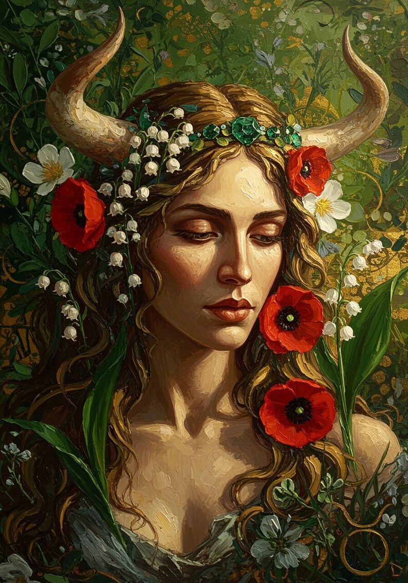 Taurus Goddess Art Print | Emerald, Poppy, Earth Tones (digital ...