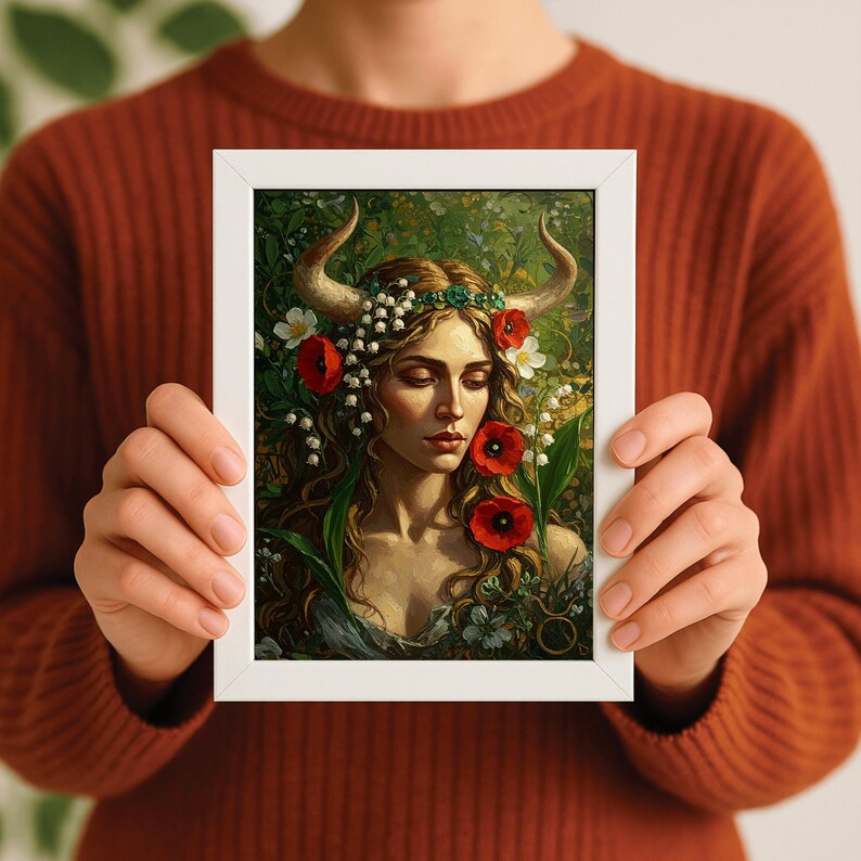 Taurus Goddess Art Print | Emerald, Poppy, Earth Tones (digital ...
