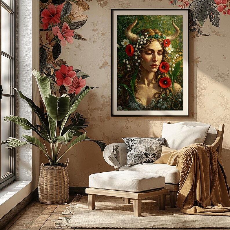 Taurus Goddess Art Print | Emerald, Poppy, Earth Tones (digital ...