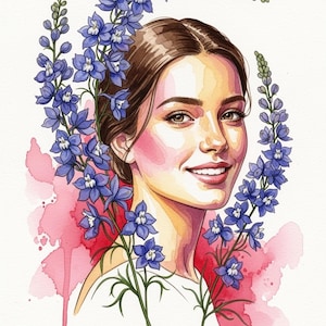 Arte floreale per la nascita di luglio: ritratto astratto ad acquerello, donna con speronella e aura di rubino