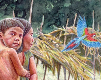 Watercolor Painting of Card 36 - The Piraha Tribe - Brazil