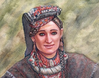 Watercolor Painting of Card 37 - Kalasha - Pakistan