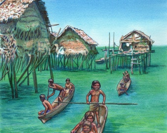 Watercolor Painting of Card 34 - The Sama Bajau - Philippines