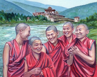 Watercolor Painting of Card 41 - Happy Nuns of Bhutan