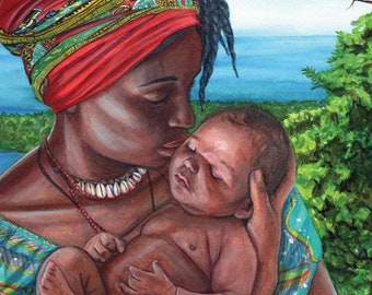 Watercolor Painting of Card 39 - Mother and Child - Jamaica