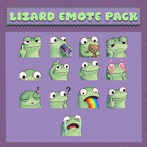 Puede incluir: Un conjunto de pegatinas digitales titulado LIZARD EMOTE PACK que presenta trece lagartos verdes de ojos grandes con diversas expresiones, incluyendo durmiendo, llorando, dando un pulgar hacia arriba, sosteniendo un osito y vomitando un arcoíris.