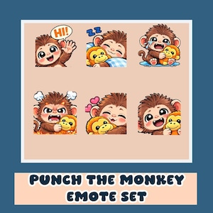 Puede incluir: Un conjunto de seis emoticonos de monos de dibujos animados con diversas expresiones, como saludar, dormir, llorar y enfadarse. Cada mono marrón sostiene un juguete de peluche amarillo. El texto "PUNCH THE MONKEY EMOTE SET" está en la parte inferior.