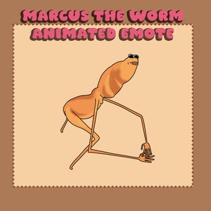 Peut inclure: Illustration animée d'un ver orange nommé Marcus, portant des lunettes de soleil. Le ver a de longs membres fins et est posé avec une main tendue. Le texte "MARCUS THE WORM ANIMATED EMOTE" est affiché en lettres roses.