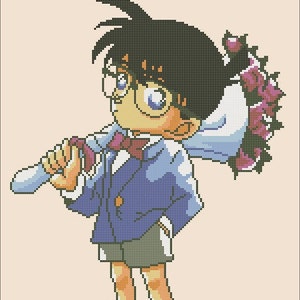 Könnte beinhalten: Eine Cartoon-Illustration eines jungen Detektivs mit schwarzen Haaren, der eine blaue Jacke, eine rote Fliege und runde Brillen trägt. Der Detektiv hält einen blauen und rosa Schirm.