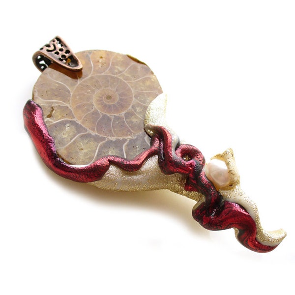 Buy 2 Get 1 FREE Statement Necklace Genuine Ammonite - big bold red and brown pendant - UNIQUE