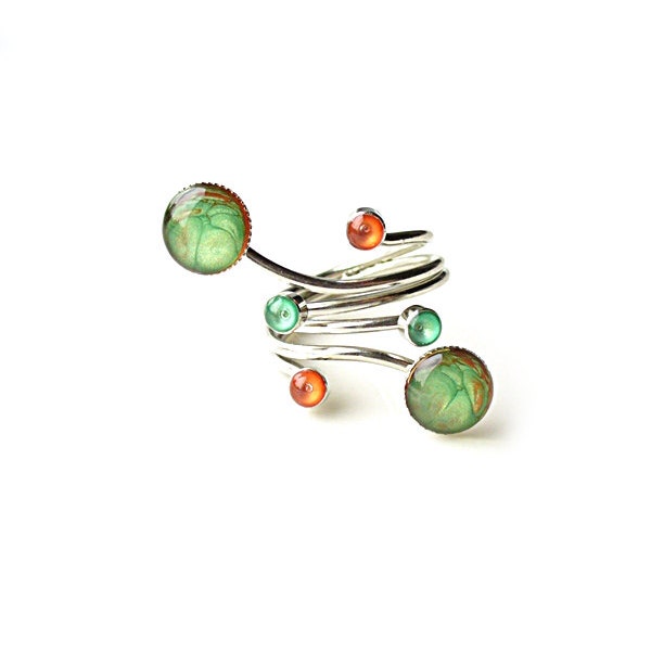 Open Ring, Green Statement Ring, DOUBLE Ring, Bubble Ring, Thumb Ring