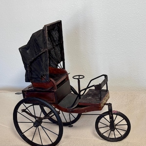 Rare Antique Victorian Doll Carriage – 3-Wheel Wooden & Metal Toy Pram with Black Canopy – 1800s Doll Buggy Collectible