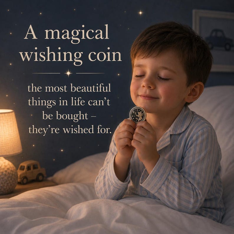K&ouml;nnte beinhalten: Eine kleine, runde, dunkel gef&auml;rbte M&uuml;nze mit einer goldenen Feen-Illustration. Die M&uuml;nze wird in zwei H&auml;nden gehalten. Der Text auf dem Bild lautet: A magical wishing coin, the most beautiful things in life can't be bought &ndash; they're wished for.